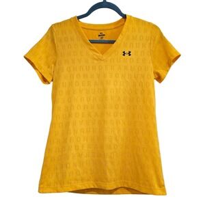Under Armour Women's Yellow V-Neck Short Sleeve Loose Fit T-Shirt Top SM‎